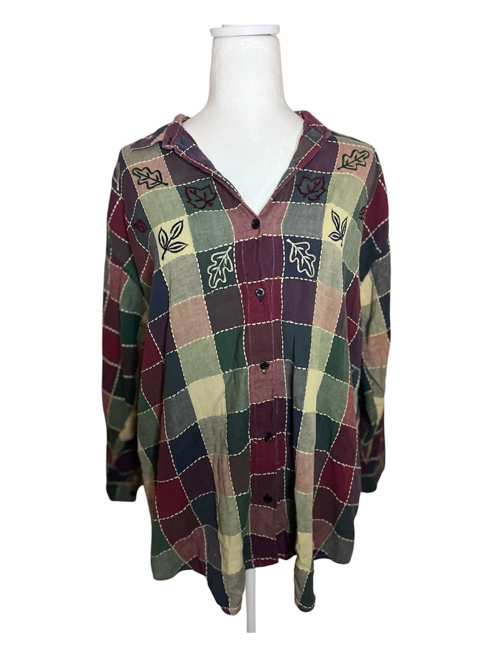 Dress Barn Purple and Green Patchwork Top 1X Plus Size Fall Embroidery